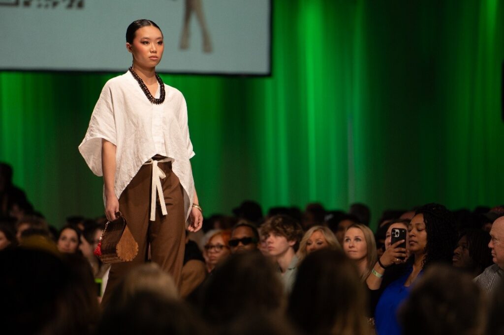 A model wearing an outfit by designer Alexander Napier walks the runway during Omaha Fashion Week’s Saturday night showcase on March 1, 2025.
